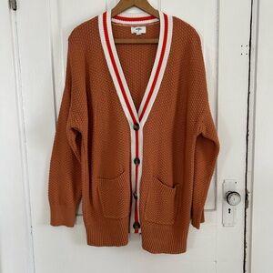 Aerie Burnt Orange Knit Cardigan with White and Bright Orange Trim